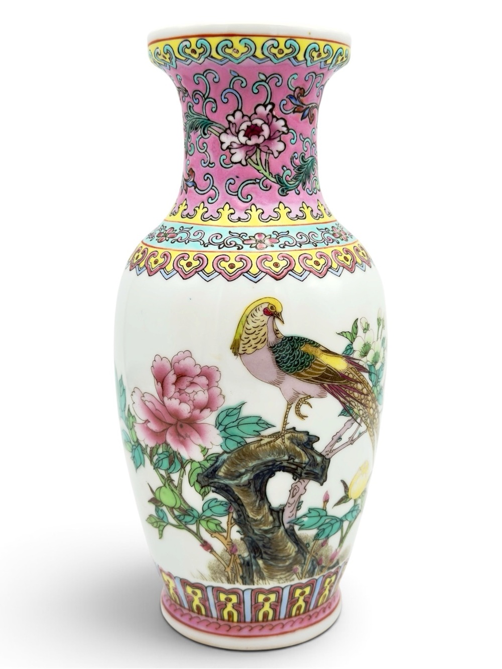 Vintage Chinese Porcelain Poem Vase Jingdezhen Famille Rose Peacock & Peony